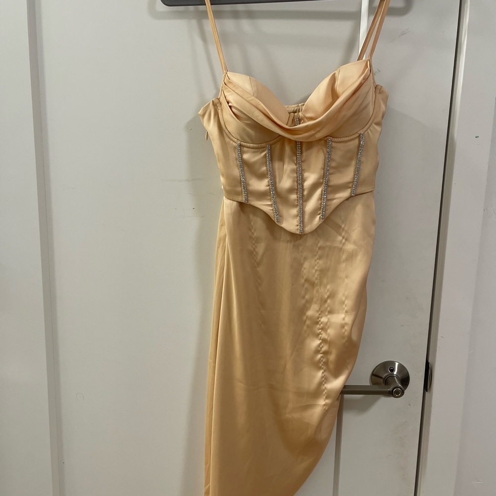 Embellished Asymmetric midi dress in Sand